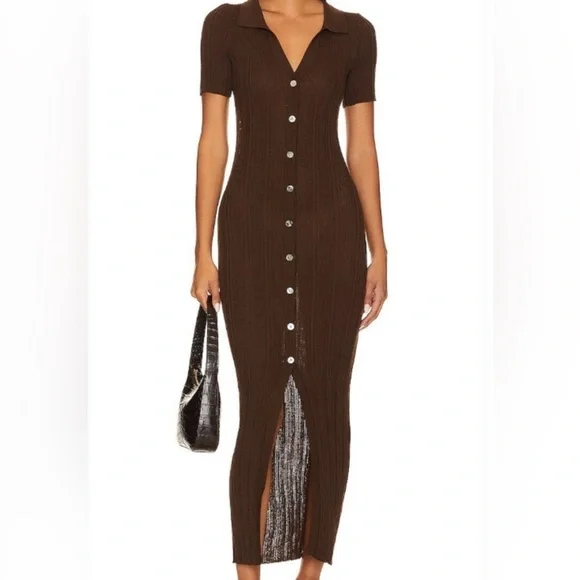 Revolve LSpace Undertow Dress Womens L Expresso Brown Stretch Ribbed Knit Maxi - Picture 2 of 11